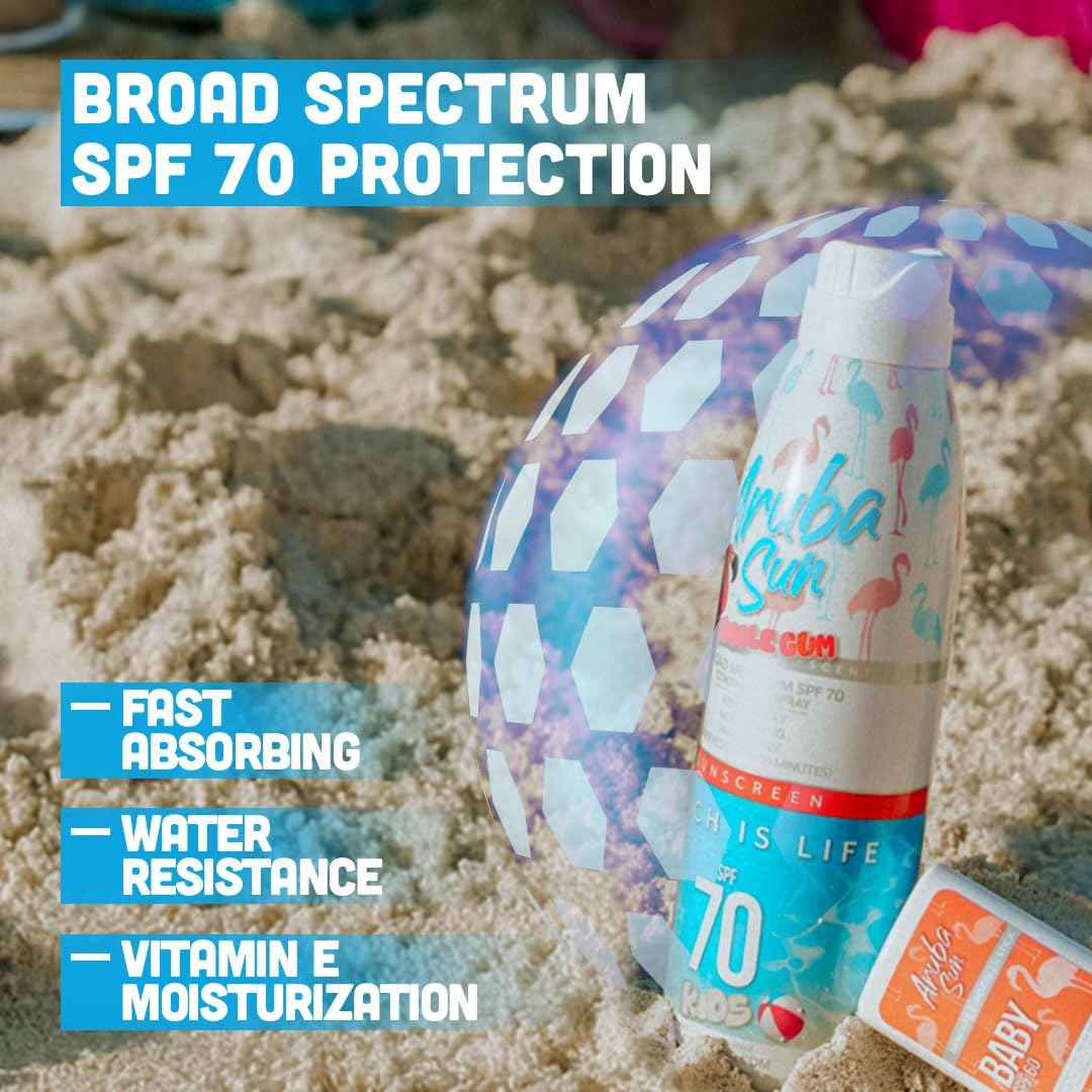 Aruba Sun SPF 70 Kids Sunscreen Spray with Bubble Gum Scent 6oz - Reef Act Compliant no 67 Octinoxate & Oxybenzone Free - Sun Screen Broad Spectrum UVA/UVB - Sunscreen Waterproof and Non-Greasy