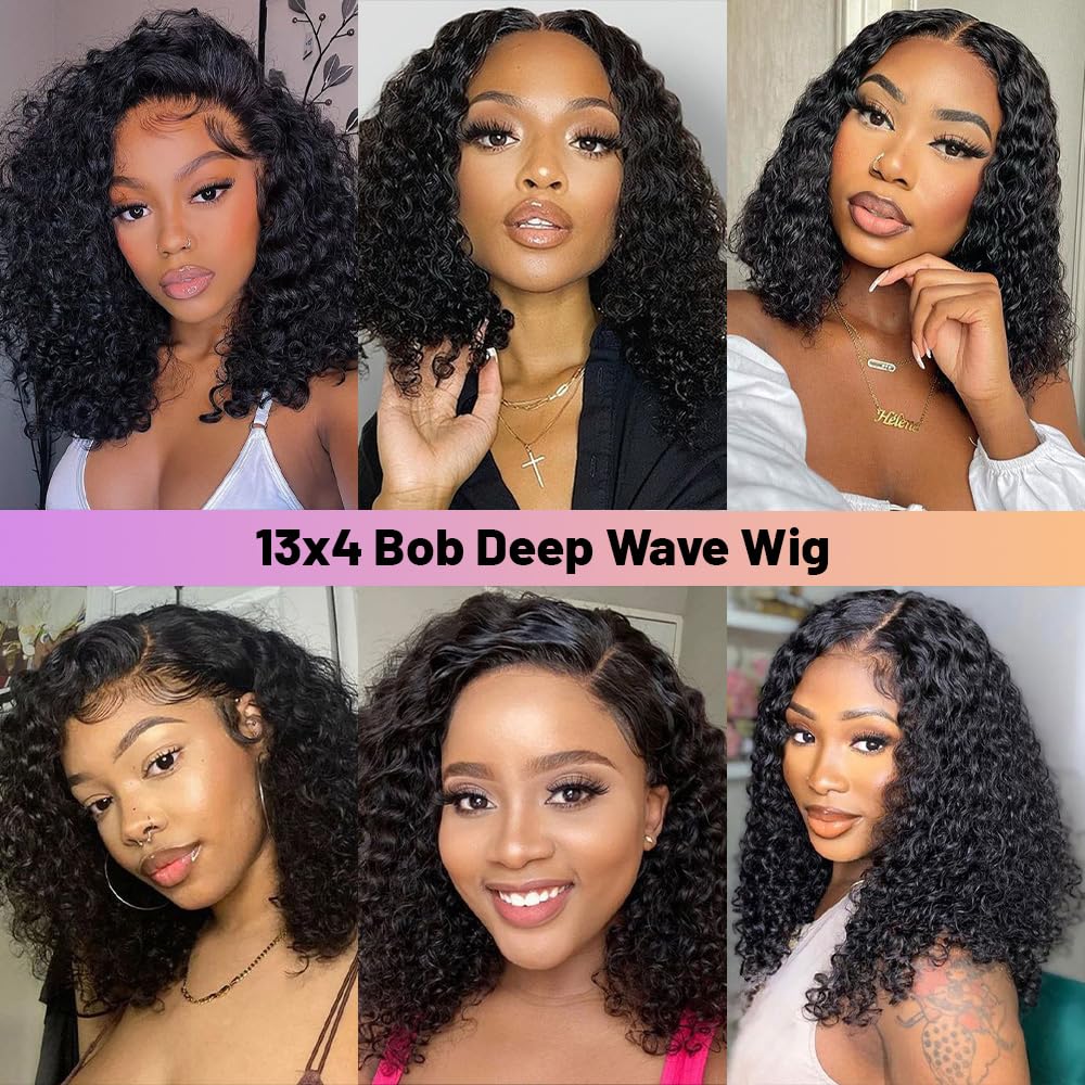 LAPIALA 10 Inch Short Bob Wig 13x4 Deep Wave Bob Wigs Human Hair 180% Density Deep Curly 100% Human Hair Wigs Pre Plucked Wet and Wavy Transparent Lace Frontal Wig for Women Natural Hairline