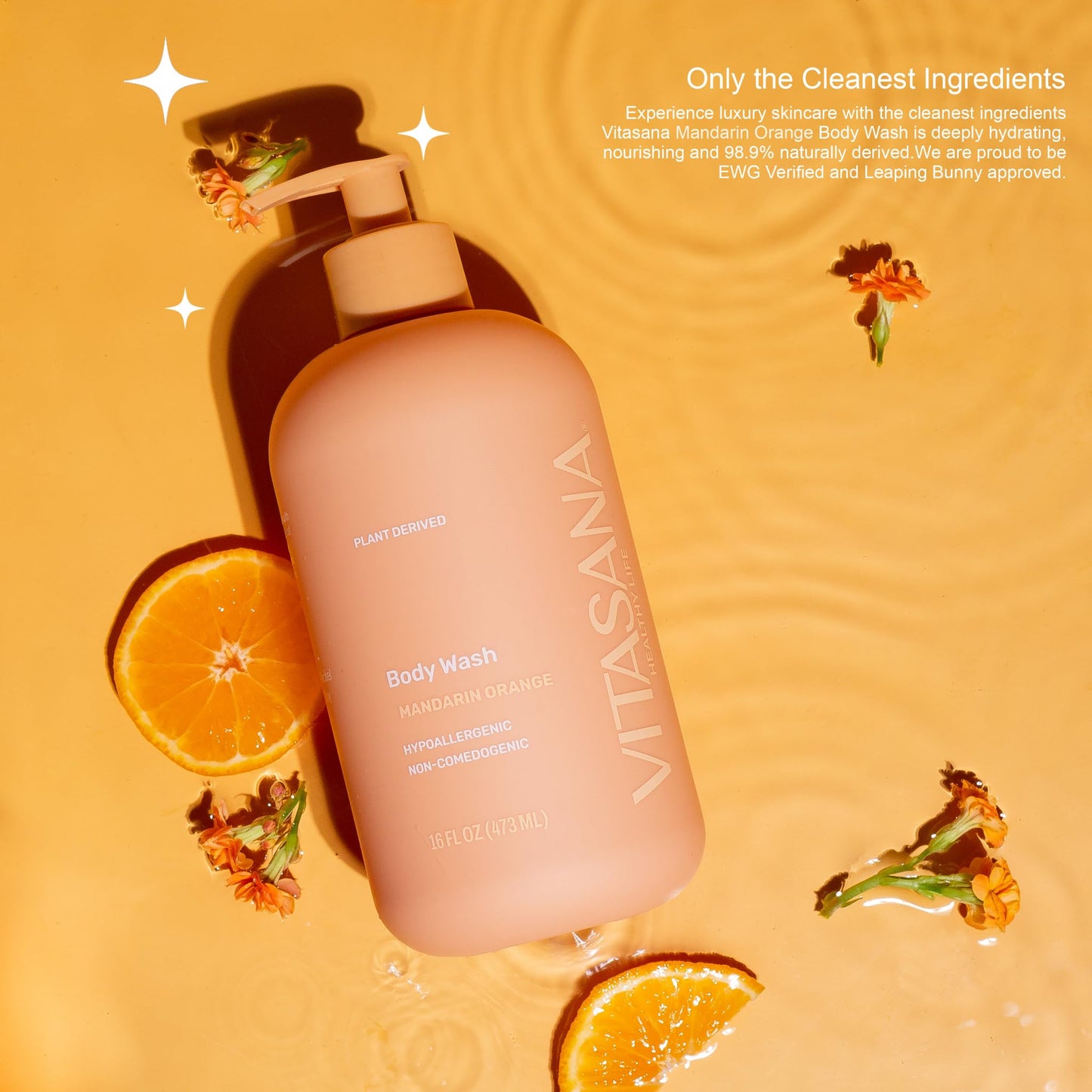 Vitasana Natural Body Wash for Sensitive Skin, 16 oz – Mandarin Orange Scent, 98.9% Plant‑Derived, EWG Verified, Hypoallergenic, Paraben‑Free, Sulfate‑Free, Cruelty‑Free