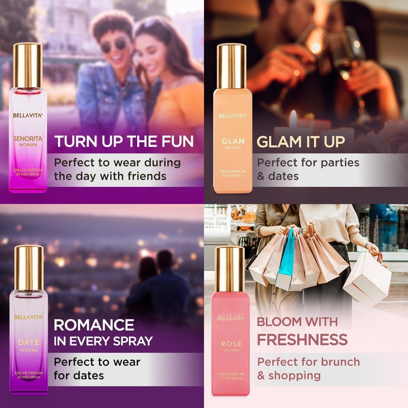 Luxury Women's Perfume Gift Set - Bellavita Rose, Senorita, Date & Glam | 80ml | Long-Lasting Floral Fragrance