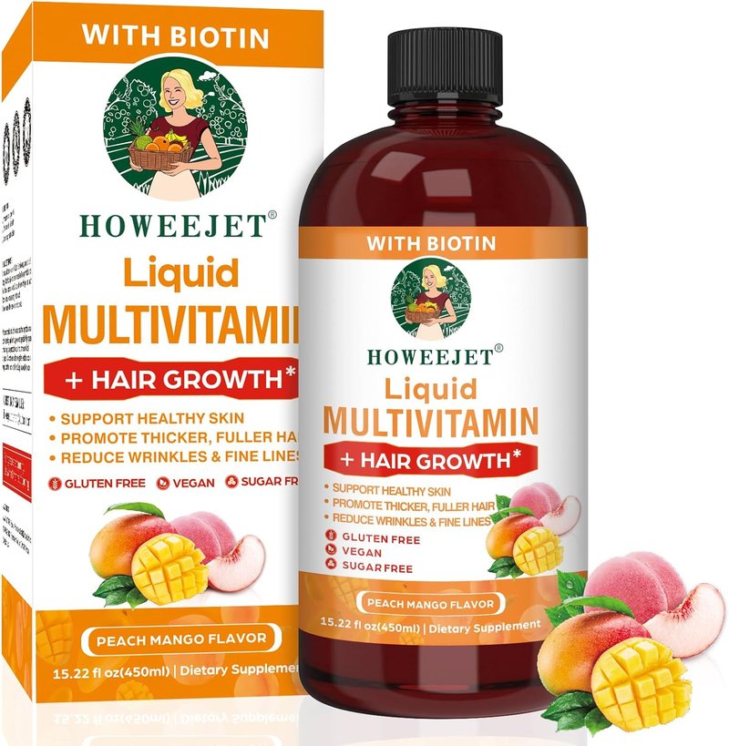 Liquid Multivitamin for Hair Growth - Biotin 10000mcg | Clinically Tested for Thicker Hair & Skin Elasticity | 15.22 Fl Oz