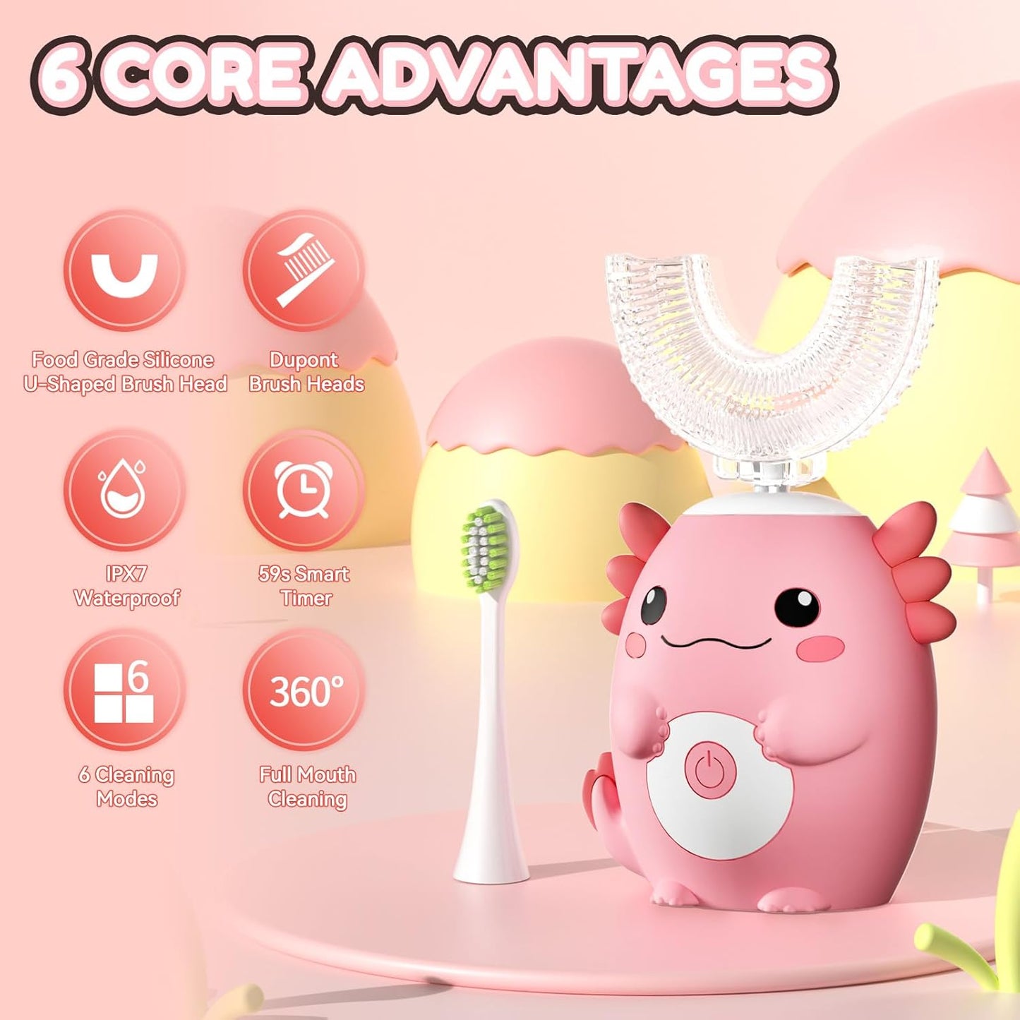 Kids Electric U-Shaped Toothbrush - Cartoon Axolotl Sonic Brush with 6 Heads & 6 Modes | Age 2-15, Pink