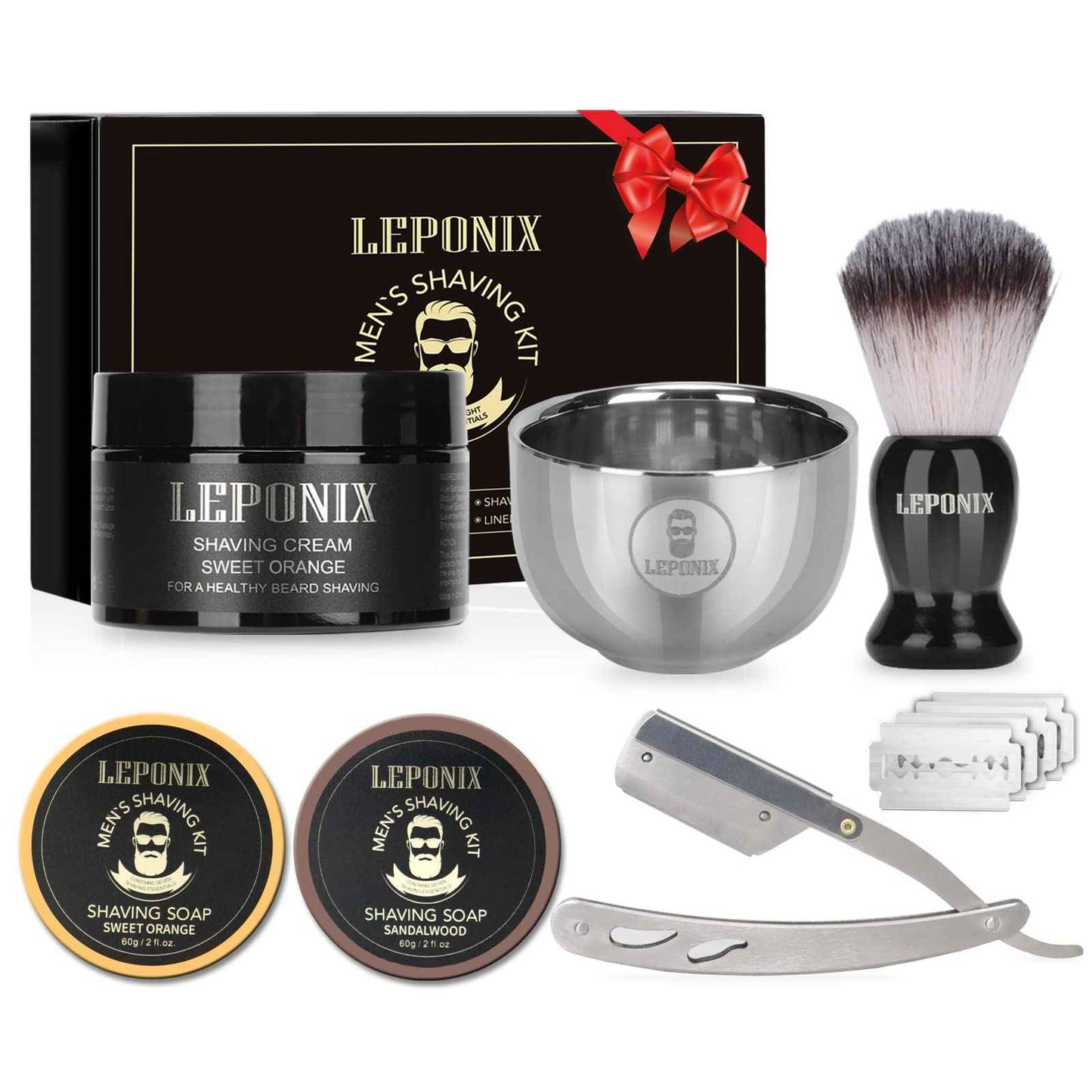 Straight Razor Shaving Kit for Men - 2 Packs Shaving Soap, Straight Edge Razor, Shaving Cream, Brush & Bowl - Unique Gifts Set for Men, Him, Dad - Stocking Stuffers,Father’s Day (Sweat Orange）