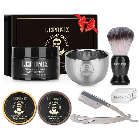 Straight Razor Shaving Kit for Men - 2 Packs Shaving Soap, Straight Edge Razor, Shaving Cream, Brush & Bowl - Unique Gifts Set for Men, Him, Dad - Stocking Stuffers,Father’s Day (Sweat Orange）