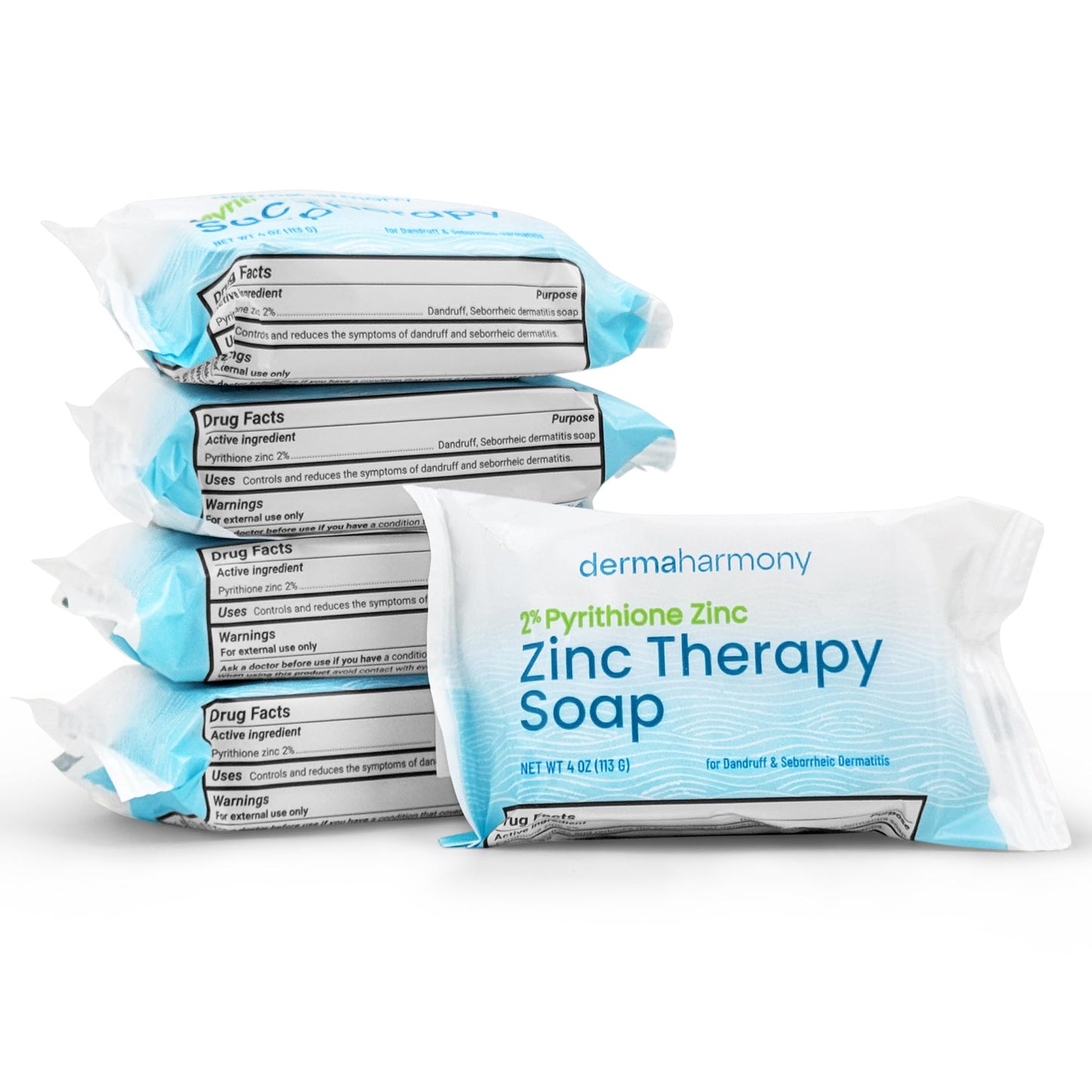 Dermaharmony Set of 5 2% Pyrithione Zinc (ZnP) Bar Soap 4 oz - Crafted for Those with Skin Conditions - Seborrheic Dermatitis, Dandruff, etc.