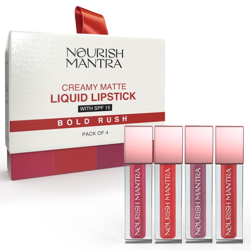 NOURISH MANTRA Matte Liquid Lipstick with SPF/Mini Lipstick/Water Proof/Smudge Proof/Transfer Proof/Long Lasting/For All Skin Tones/Set of - 4 (1.2ml Each)