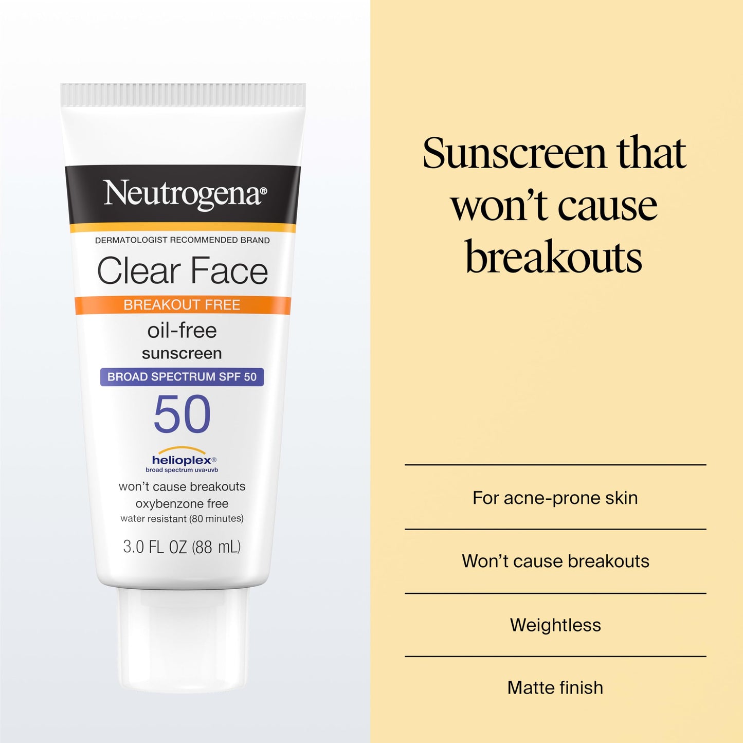 Neutrogena Clear Face Sunscreen Lotion SPF 50 for Acne-Prone Skin Broad Spectrum UVA UVB Protection Oil-Free No-Fragrance No-Oxybenzone Water-Resistant Daily Face Moisturizer, 3 fl oz