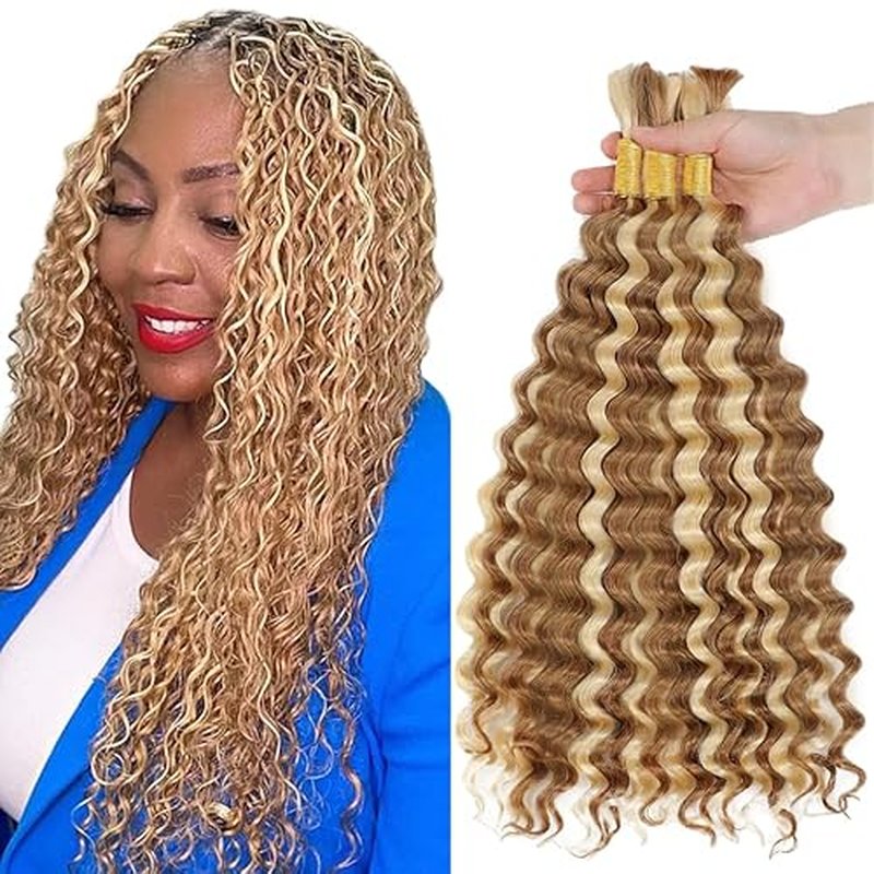 613 Human Braiding Hair Deep Curly P27/613 Highlight Human Braiding Hair 14 14 14 Inch Deep Wave Bulk Blonde Boho Braiding Hair Extensions