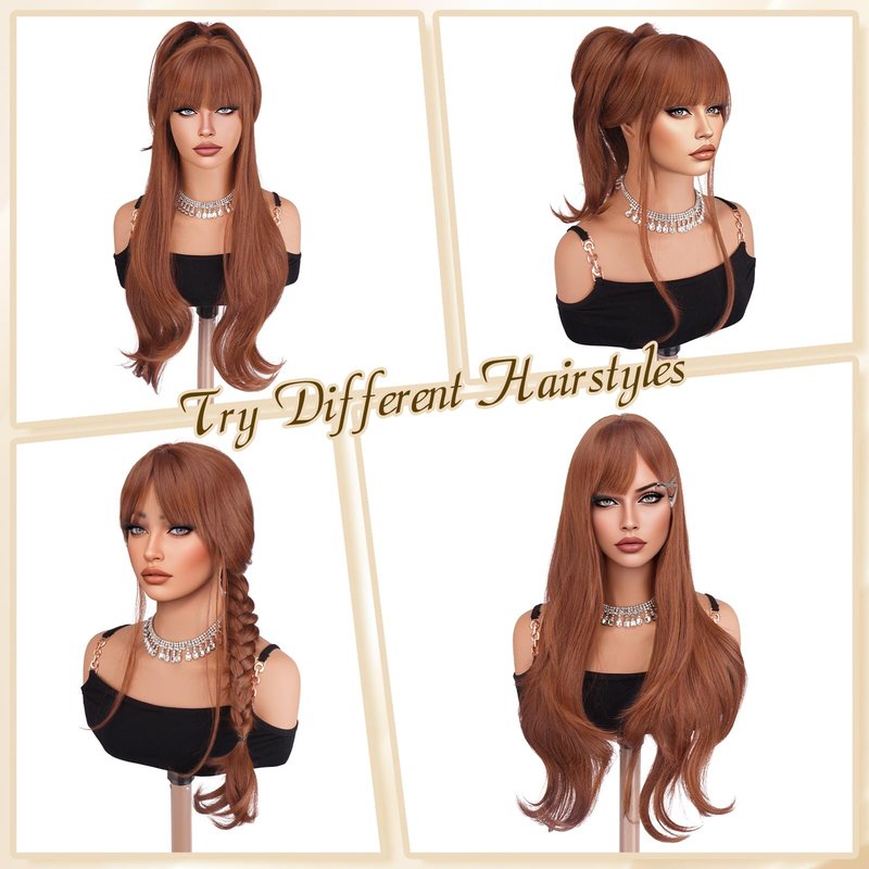 Haloo Auburn Wigs with Bangs - Long Layered Natural Looking Synthetic Heat Resistant Wavy Hair Wigs for Women Daily Party, 26 Inch