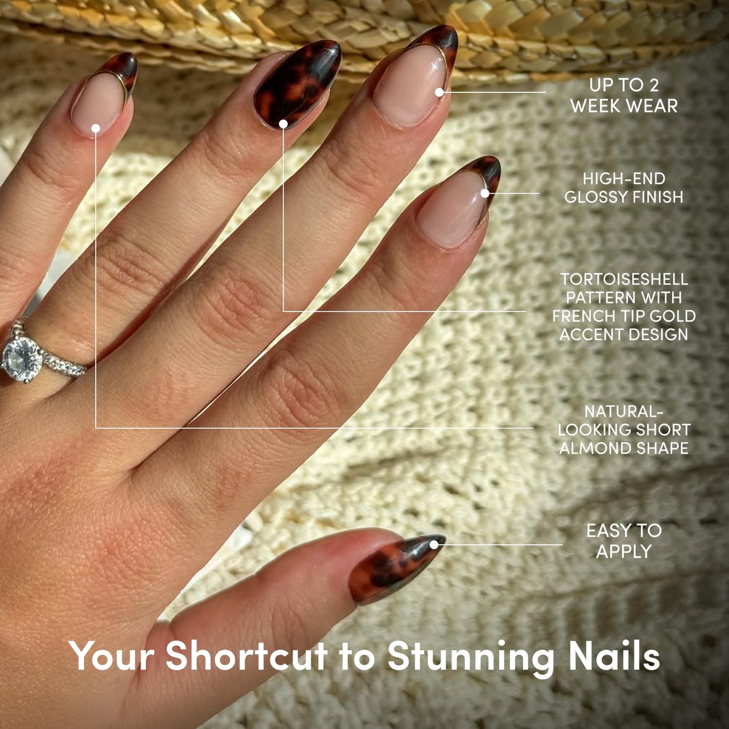 Glamnetic Press On Nails - Short Almond Fake Nails | Tortoiseshell French Tip Nails, Salon Quality Press On Nails Kit with Glue | Killazilla - 30 Nail Set in 15 Sizes