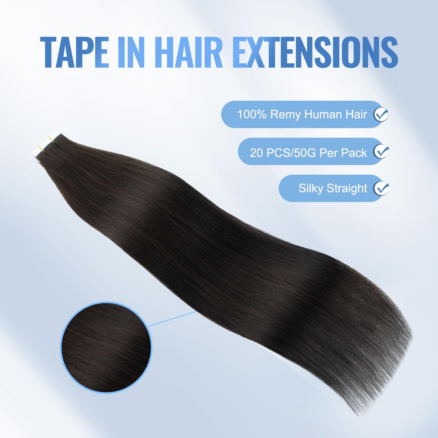 Sixstarhair Semi-Permanent Pre-taped Tape In Hair Extensions Traceable Remy Human Hair New Trend Invisible, Seamless and Reusable, Off Black Tape In Hair [Color 1B#-16inch]
