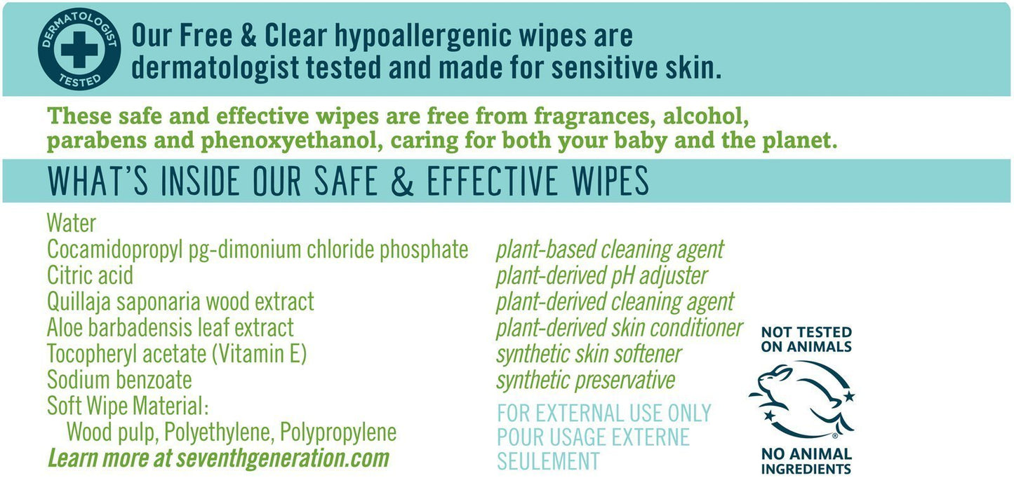 Seventh Generation Baby Wipes, Free & Clear Unscented and Sensitive, 30 count Travel Pack