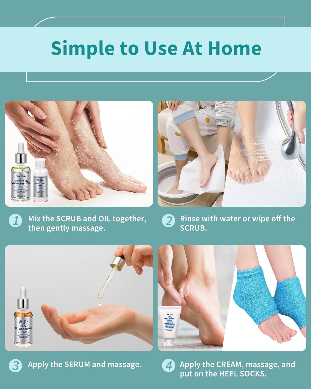 VTS Foot Care Kit - Tea Tree Oil, Urea Cream 40%, Salt Scrub, Feet Repair Serum & Moisturizing Socks for Dry Cracked Heels, Hands, Elbows, Knees
