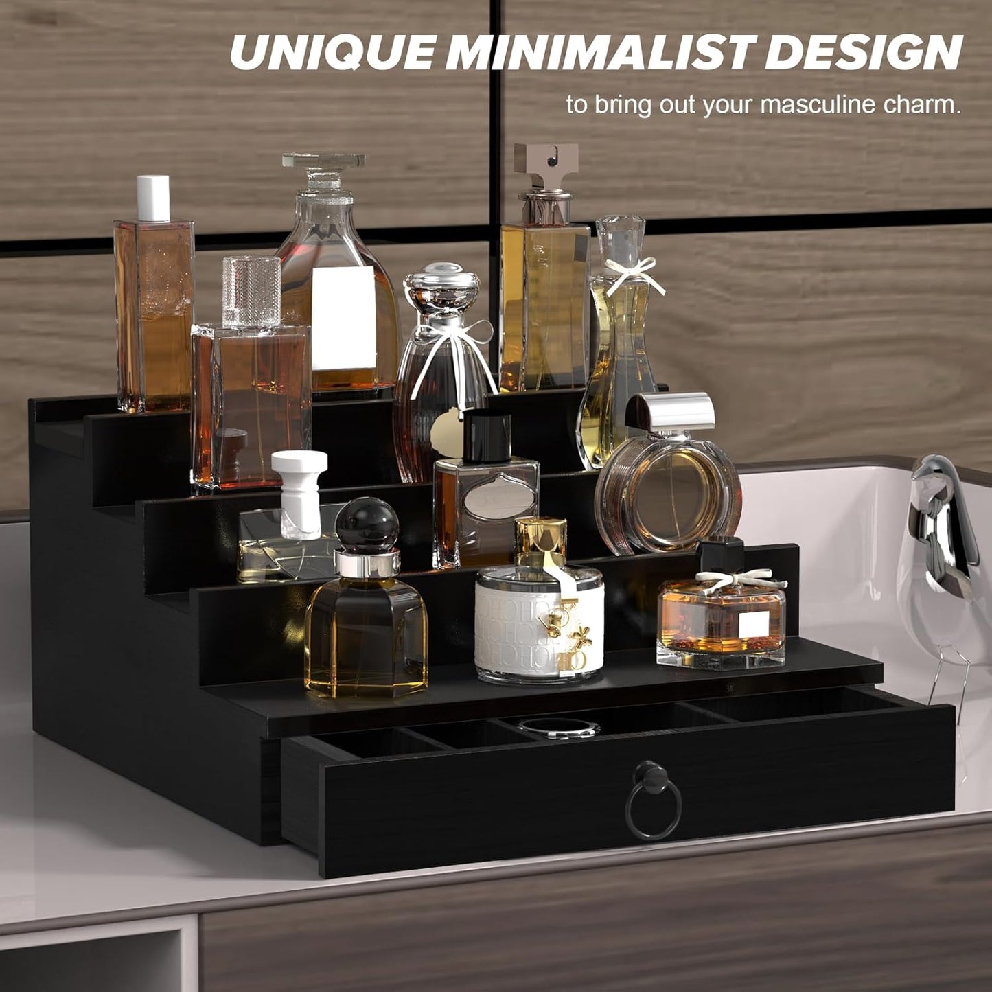 Cologne Organizer for Men - 4-Tier Black Wood Perfume Holder with Felt Lining & Hidden Compartment | Perfect Gift Idea