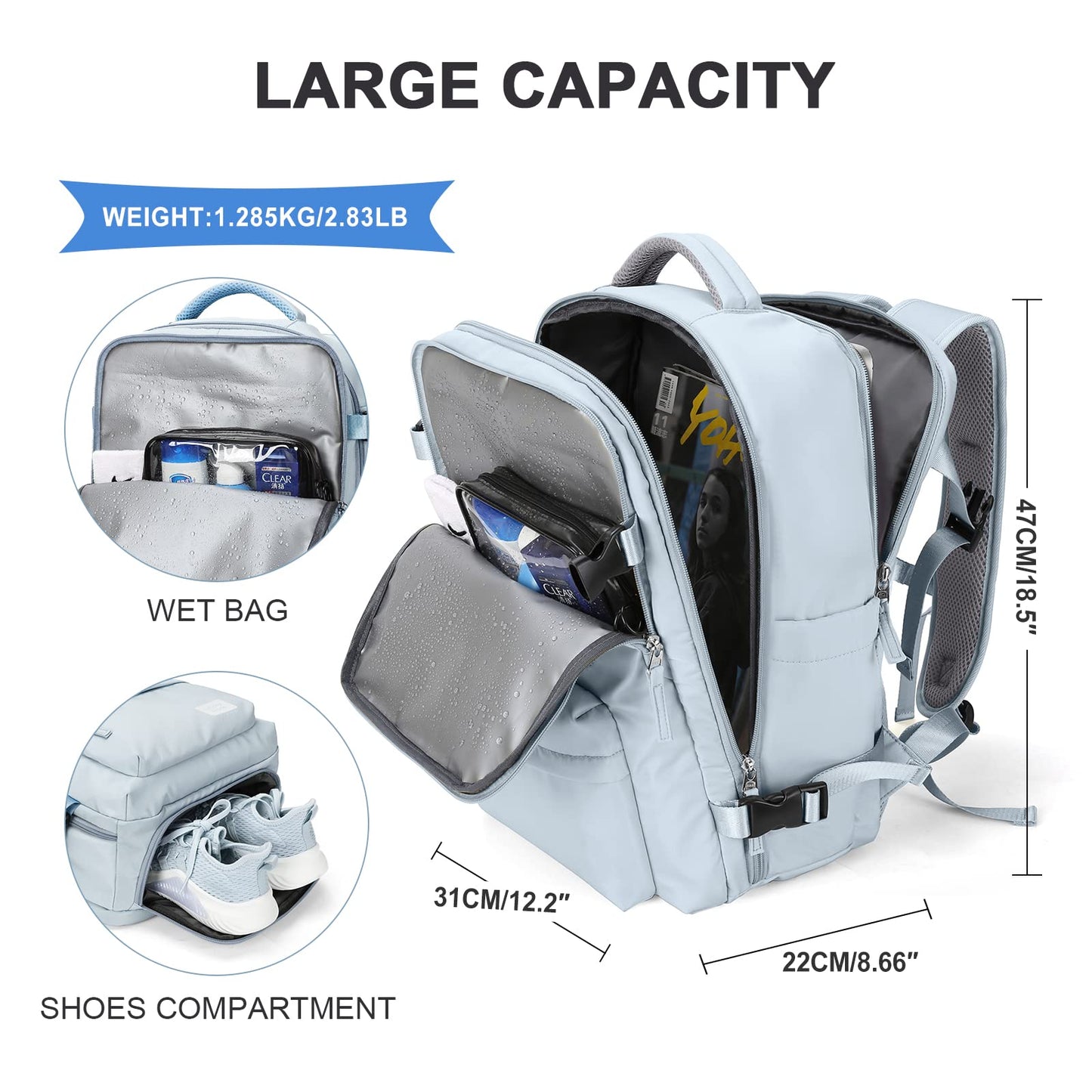 Large Travel Backpack Women, Carry On Backpack,Hiking Backpack Waterproof Outdoor Sports Rucksack Casual Daypack with USB Charging Port Shoes Compartment, Blue