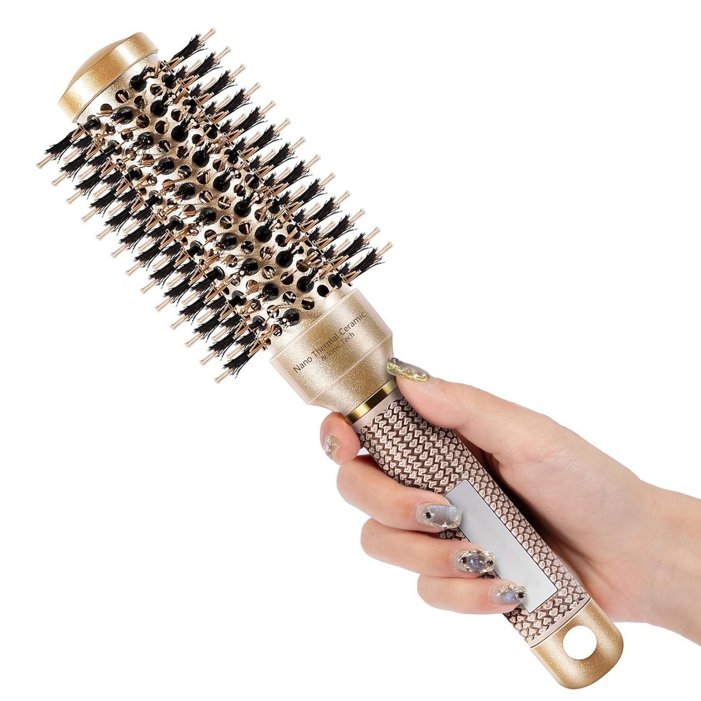 SIMPOR Round Hair Brush - Nano Thermal Ceramic & Ionic Tech | 1.3 Inch Gold Boar Bristles for Blow Drying & Styling