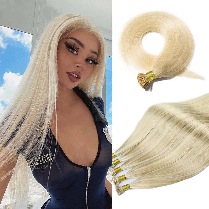 Remy I Tip Remy Human Hair Extensions For Women, 16 Inch Pre Bonded Straight iTip Hair Extensions Platinum Blonde #60 Microlink Extensions Premium Quality Keratin Fusion Stick Hair 50Strands/50G