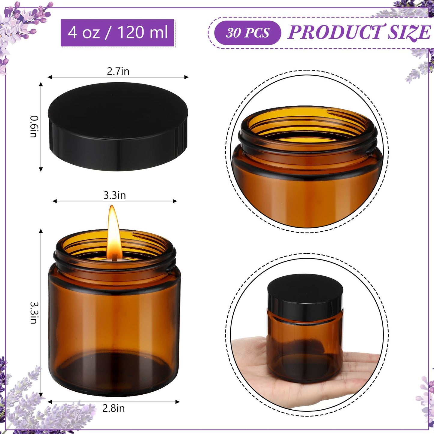 30 Pcs 4 oz Amber Glass Jars with Black Lids Leakproof Round Airtight Jars Empty Cosmetic Jars with Inner Liners Lid for Candle Making Storing Lotions Spice Powder Liquid Sample Makeup (Black,Amber)