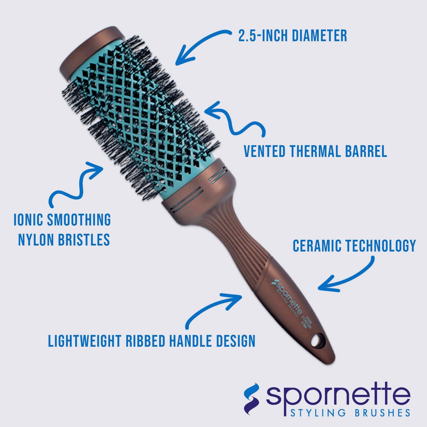 Spornette Ion Fusion Ceramic Round Brush for Blow Drying - Round Hair Brush for Blow Outs, Volume & Curling - Ion Bristles Help to Smooth Hair and Eliminate Frizz & Static (2.5 Inch)