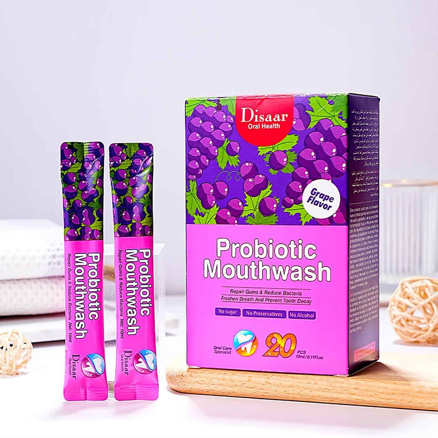 DISAAR BEAUTY Probiotic Mouthwash Removes Tooth Stains Soft Cool Mouth Feeling Protect Clean Deodorant Teeth 0.11fl.oz X 20pcs (Grape - Repair Gums & Fresh Breath & Prevent Decay)