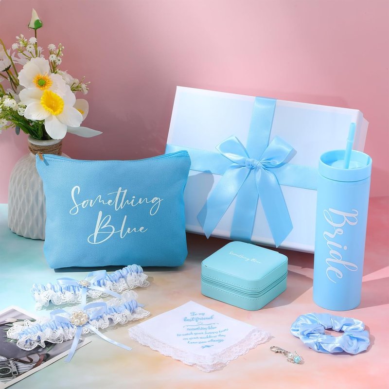 Something Blue Wedding Gift Set - 8 Pcs Handkerchief, Tumbler, Garter & More | Bridal Accessories
