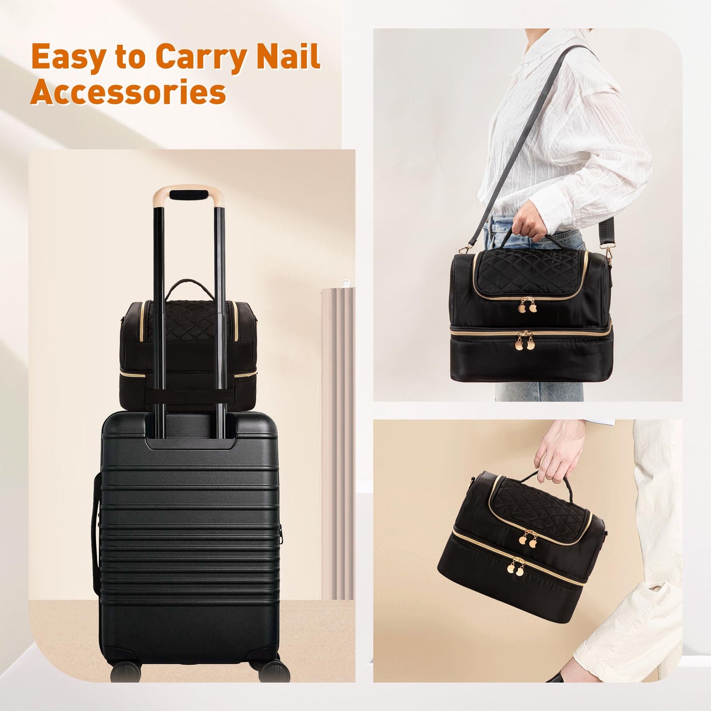 Nail Polish Organizer Bag, Nail Polish Storage Organizer Holds 60 Bottles & Nail Lamp Nail Polish Holder Travel Carrying Case Case Gel Nail Tech Organizer Storage Bag for Nail Supplies (Black)