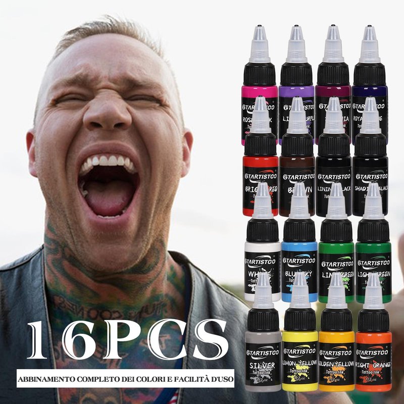 GTARTISTOO Tattoo Ink Set 16 Colors 1/2 oz (15ml) Professional Vegan-Friendly Tattoo Pigment Supplies Kit Color Inks for Beginners
