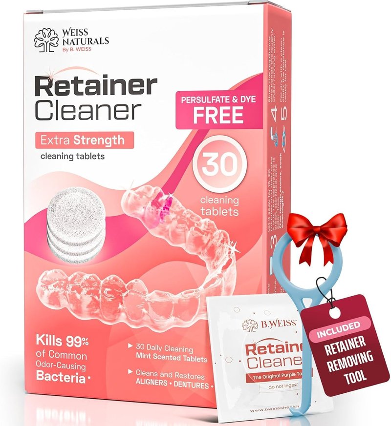Weiss Naturals Retainer Cleaning Tablets, Invisalign Cleaner, Remove Stains, Odors & Plaque, Night Guard Cleaner PERSULFATE & DYE-FREE 2-Month Supply, Denture Cleaners, 60 Tablets
