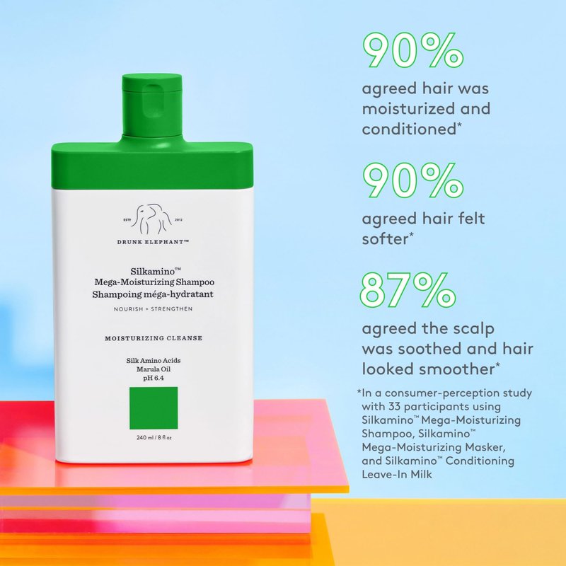Drunk Elephant Silkamino Mega-Moisturizing Shampoo - 240 ml/8 fl oz - Silk Amino Acids - Clean Clinical - Sulfate-Free - Cruelty-Free - Dermatologist-Tested - Free of Essential Oils, Silicones, SLS