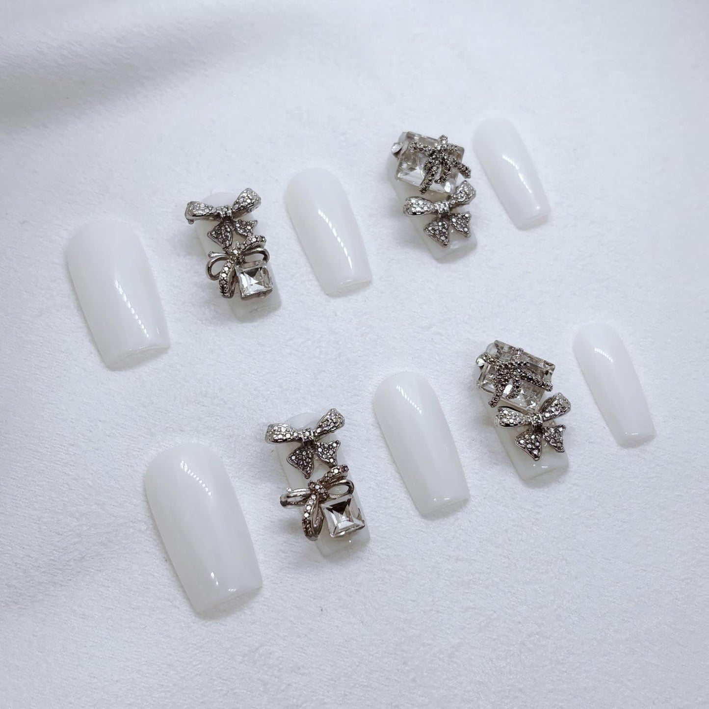 Handmade Square Press on Nails,Ivory White Press Ons,Nails with Crystal Bow Design, 3D Jeweled Decorative Nails for women,m