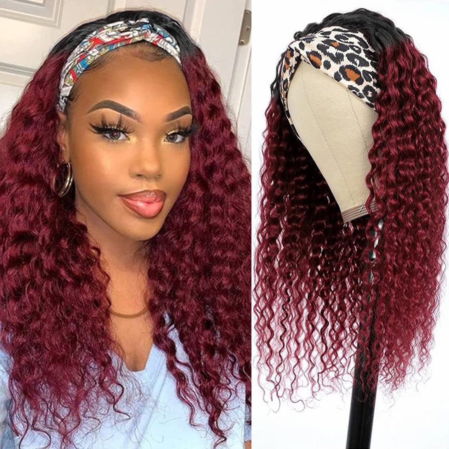 Aiterina Headband Wig deep wave human hair wigs for Black Women Brazilian Remy Hair Glueless Non Lace Front Wig 150% Density (14 inch, 1B/99J)