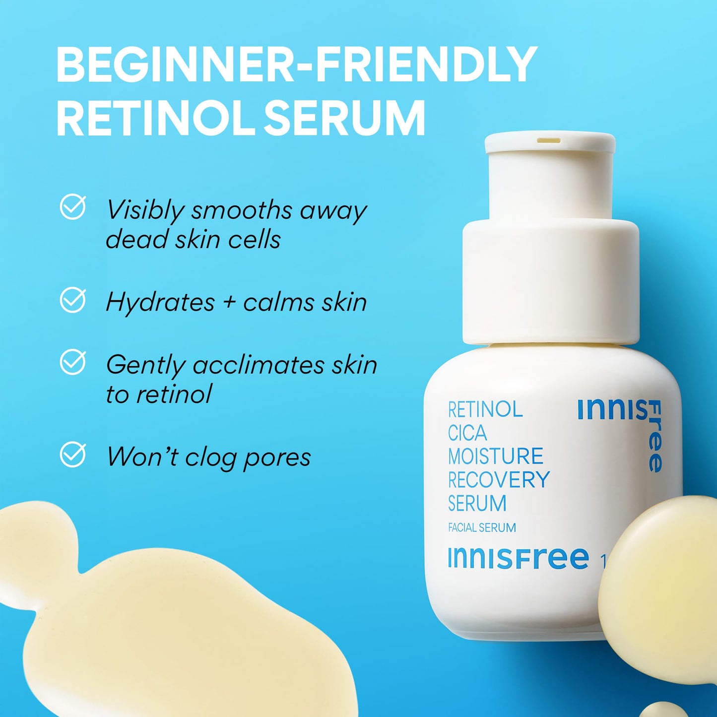 innisfree Retinol Cica Serum with Salicylic Acid | Korean Moisture Recovery Treatment with Hyaluronic Acid for Hydrating Face Care | Suitable for Beginners and Acne-Prone Skin