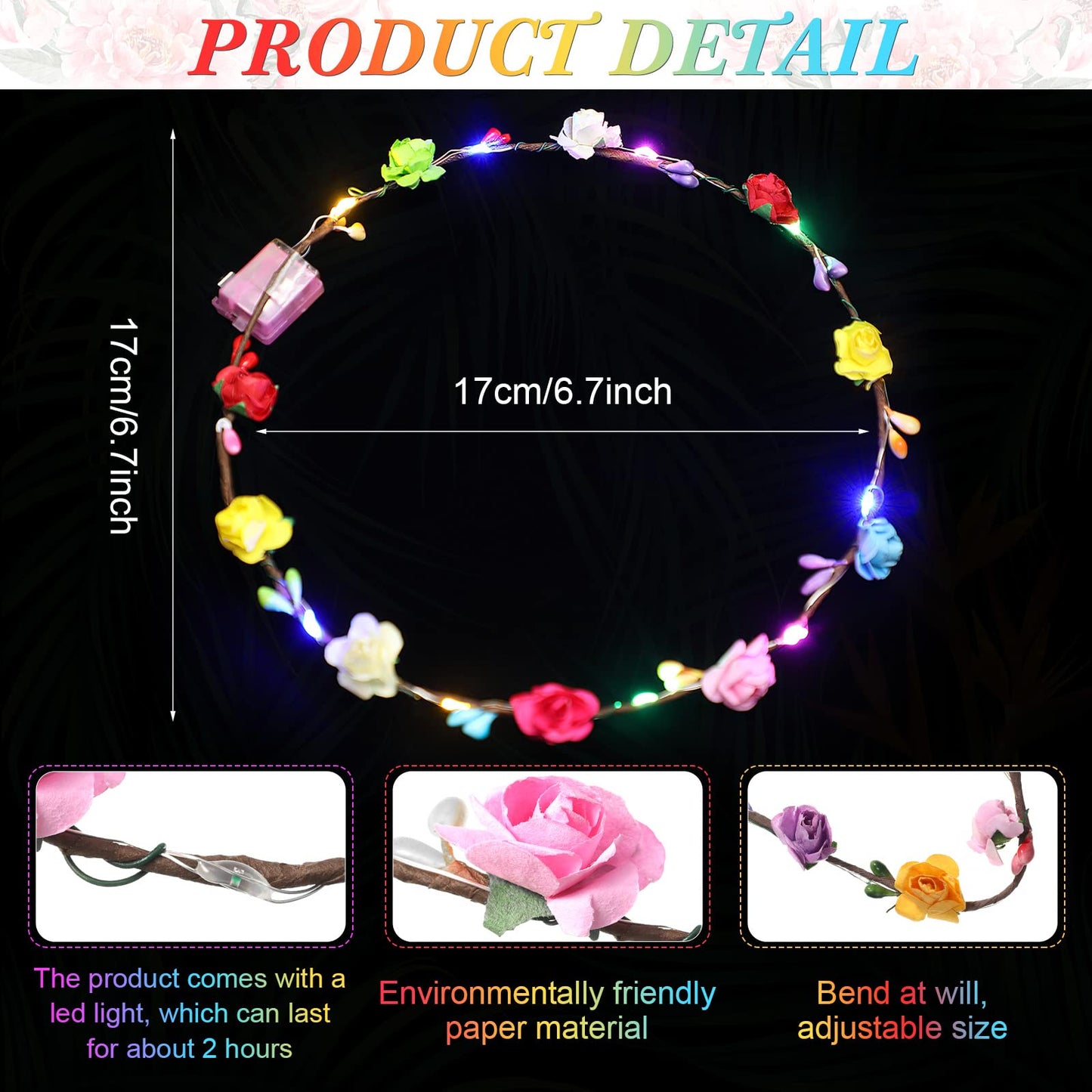 Syhood 50 Pcs LED Flower Crowns Headbands, Light up Flower Crowns for Women, Glow in The Dark Headband Rose Hairbands Wreath for Wedding Birthday Cosplay Favors Gifts Halloween Christmas (Rose)
