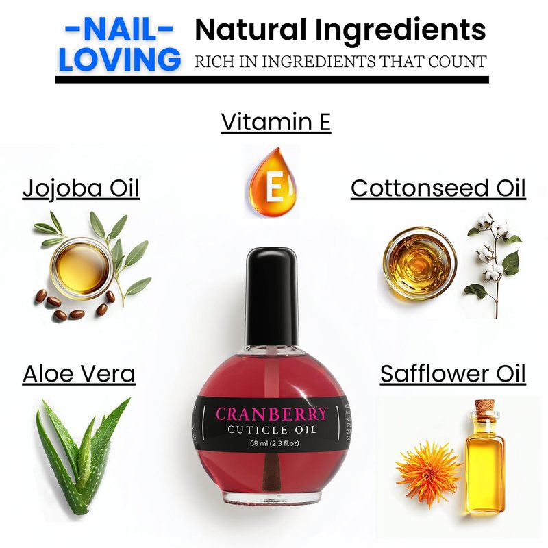 Ellie Chase Moisturizing Cuticle & Nail Care Oil 2.3 Fl Oz - Cranberry Scented – Infused with Jojoba Oil, Aloe, Vitamin E – Nail & Cuticle Hydration, Repair, Moisturizer, Strengthener, Growth
