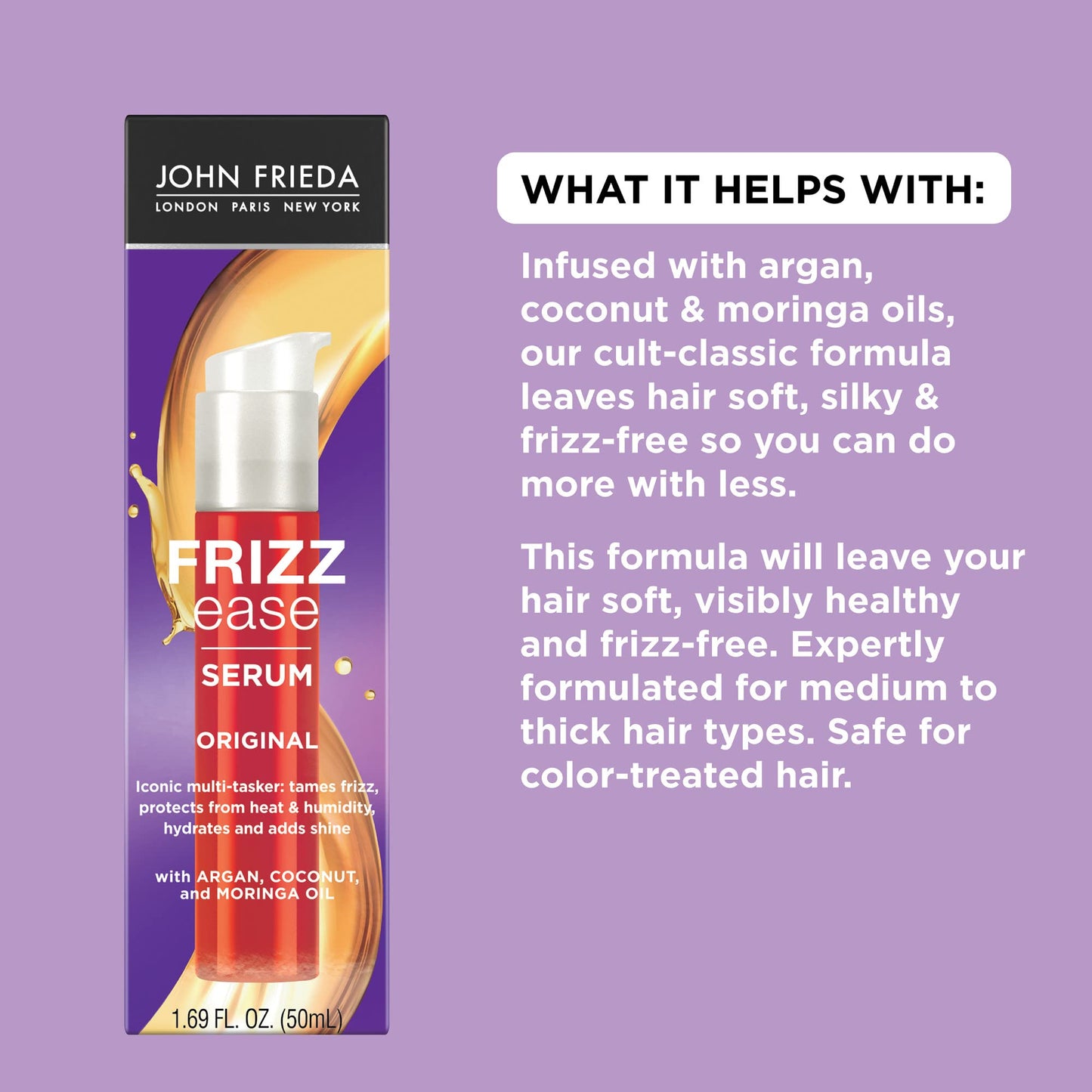 John Frieda Frizz Ease Original Hair Serum, Protecting Against Frizz, Heat, and Humidity While Adding Shine, Hydratesand Smooths Hair with Argan, Coconut, and Moringa Oil, 1.69 Oz, Pack of 2