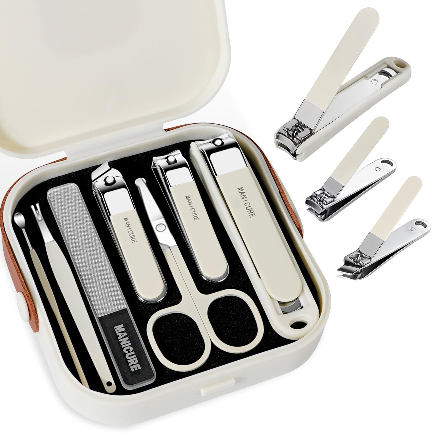 SHANCHAHUA Nail Clipper Set for Men and Women, 7 Pcs Toenail Clippers, Stainless Steel Fingernail Clipper, and Travel Case Manicure Set, Gift Ideas (Beige)