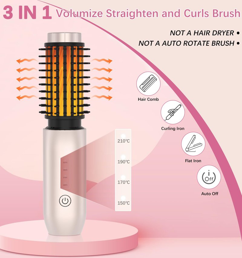 JAMIEWIN Cordless Hair Curling Iron Brush, Travel Hot Straightener Comb Curl Brush, 3-in-1 Portable Curling Iron Cordless Wand, USB Rechargeable Curling Wand-Blush(Gold)