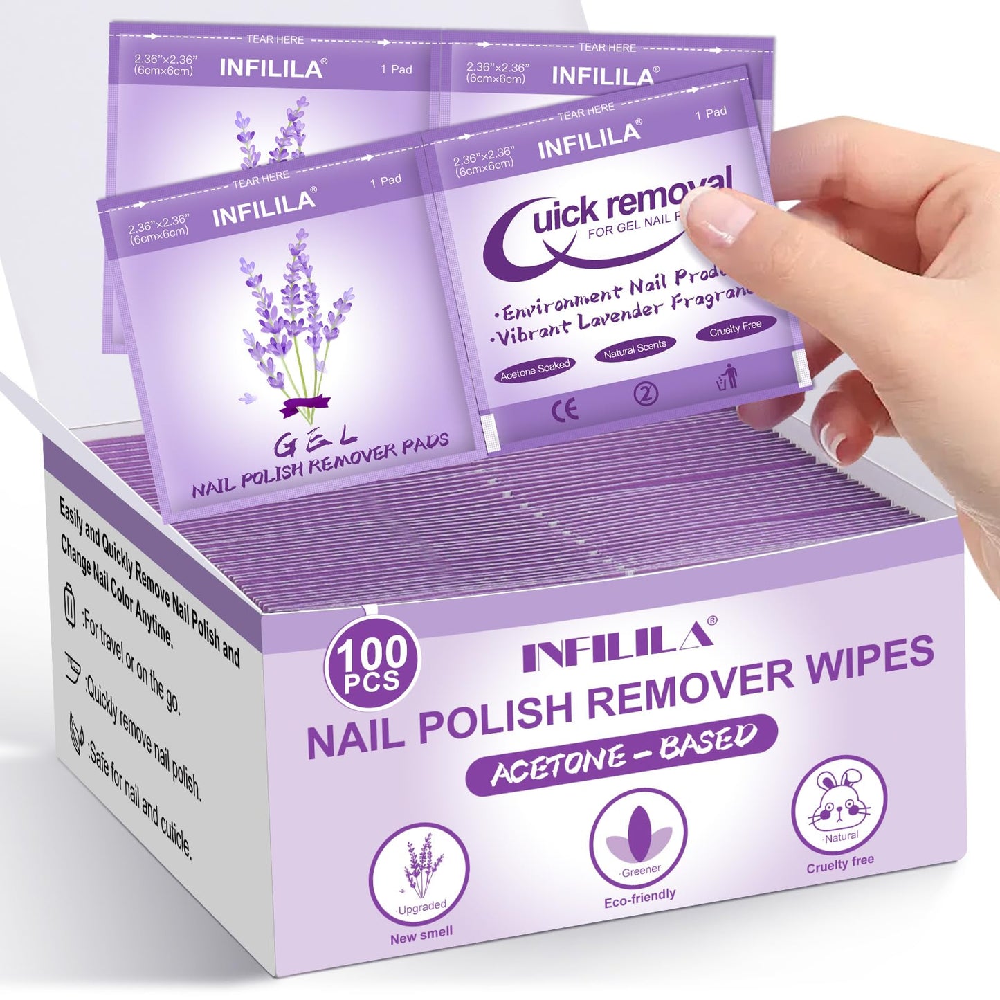 NXJ INFILILA Nail Polish Remover Pads, 100PCS Lavender Nail Polish Remover Wipes for Gel & Regular Polish, Individually Wrapped, Travel-Size, Professional Quick Removal for Home & On-the-Go Use