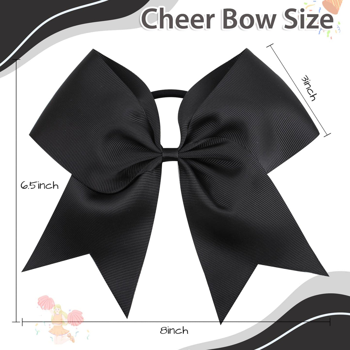 CN 30PCS 8" Large Cheer Bows, Cheerleading Bows Ponytail Holder for Girls, Grosgrain Ribbon Black Cheer Hair Bows with Elastic Hair Tie for Cheerleader College Sports Softball Competition