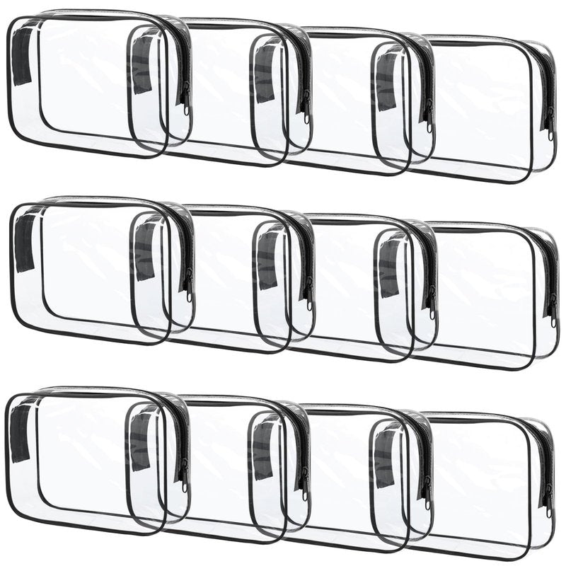 Eilyliafe 12 Pcs Clear Toiletry Bag PVC Waterproof Zippered PVC Cosmetic Makeup Carry Pouch TSA Approved Toiletry Bag for Travel Clear Organizer Storage Bags (Medium, Black)