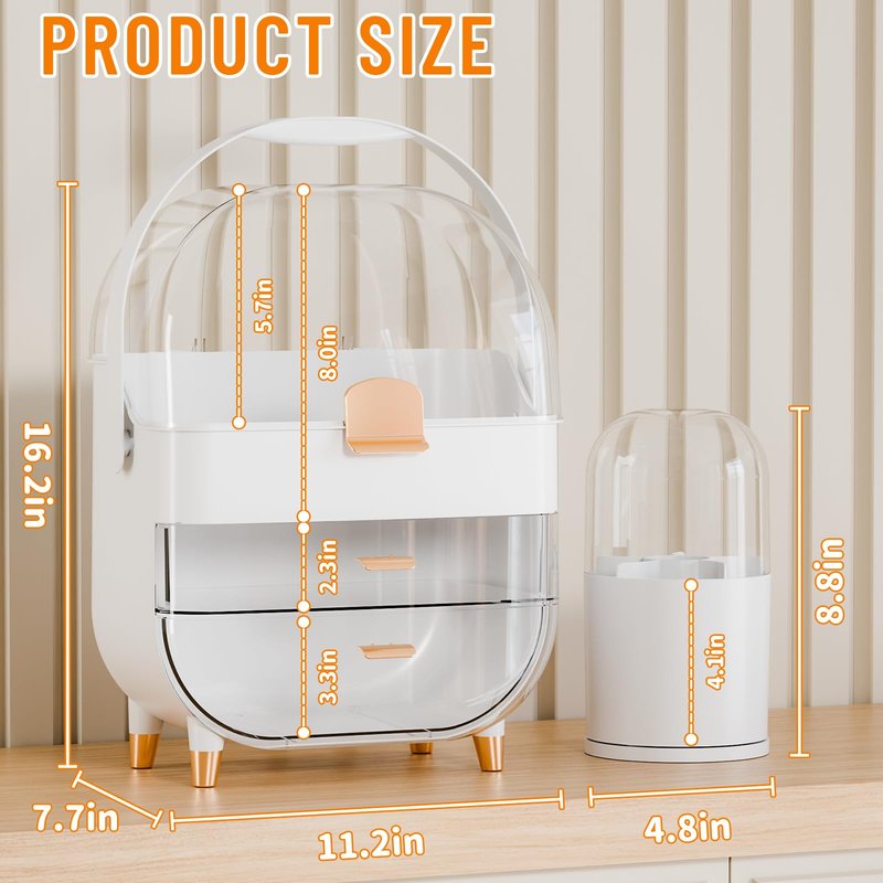 Yieach Makeup Skincare Organizer for Face Care Beauty Product,and Countertop Makeup Organizer with Cover,Make up Brush Holder,Large Capacity Cosmetic Storage Box & Caddy for Bathroom,Dresser,White