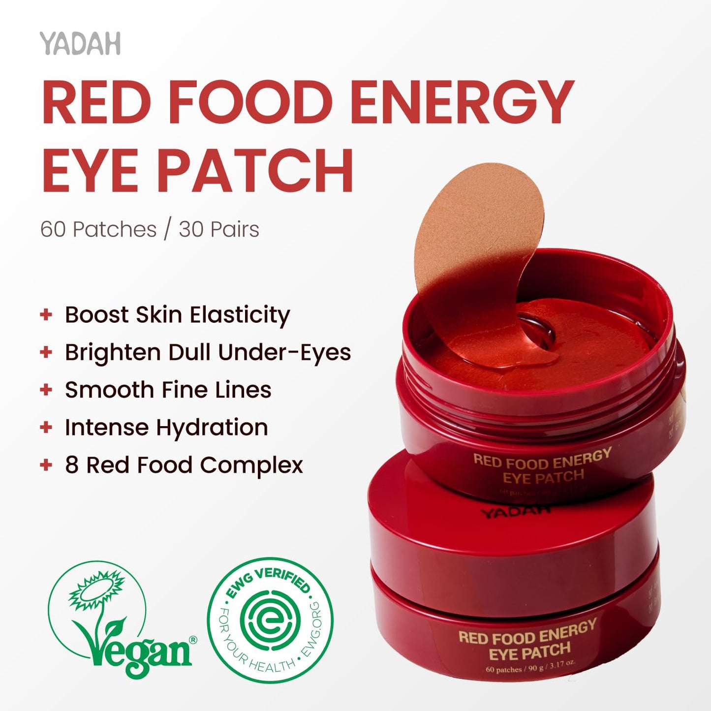 YADAH Red Food Energy Eye Patch 60 Pairs - Hydrogel Under Eye Mask with Pomegranate & Ginseng for Firming, Hydration & Puffiness Reduction.