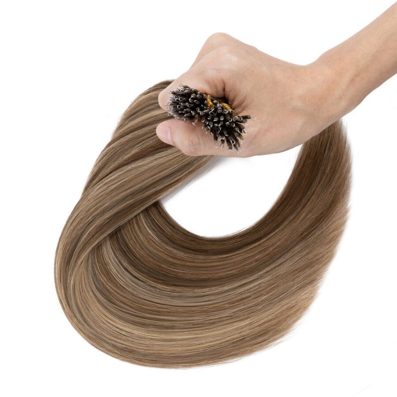 TESS Nano Bead Human Hair Extensions, Nano Ring Hairpieces Nano Tip Hair Extensions Pre-Bonded Seamless Look 50pcs/pack, 18 inch, #4RP27R Chocolate Brown Mixed Light Brown