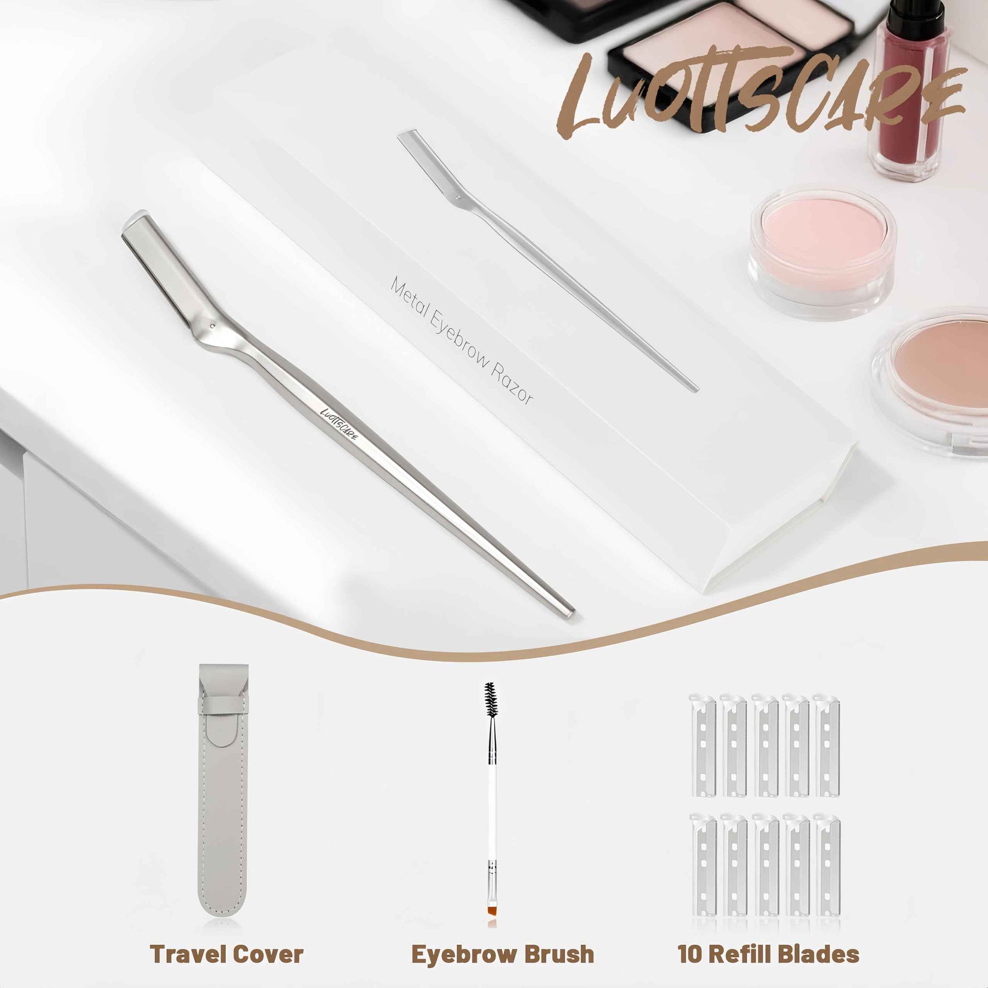 LuottsCare Stainless Steel Eyebrow Razor - Face Razors with Travel Cover & 10 Refill Blades, Eyebrow Brush - Help Exfoliate and Smooth Skin for Eyebrow, Leg, BIKINI, Facial, Beard Remove - L