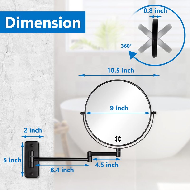 DECLUTTR 9 Inch Large Wall Mounted Makeup Mirror, 1X/10X Magnifying Mirror Double-Sided, 360° Swivel Extendable Makeup Mirror for Bathroom, Black