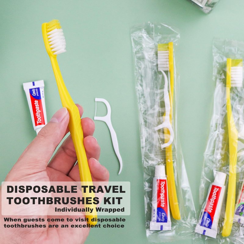 FAOEHN 200pcs Disposable Toothbrushes with Toothpaste and Floss,Yellow Bulk Single Use Toothbrush Floss Pick Individually Wrapped Disposable Travel Toothbrushes Kit for Homeless,Airbnb,Hotel,Guest