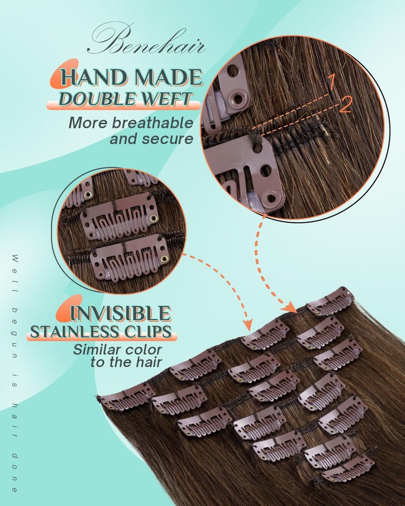 Benehair Clip in Hair Extensions Real Human Hair 14inch Double Weft Dark Brown Mixed Light Brown Hair Extensions Clip in Human Hair Straight Hair Extensions Clip ins 7pcs with 16 Clips #H09