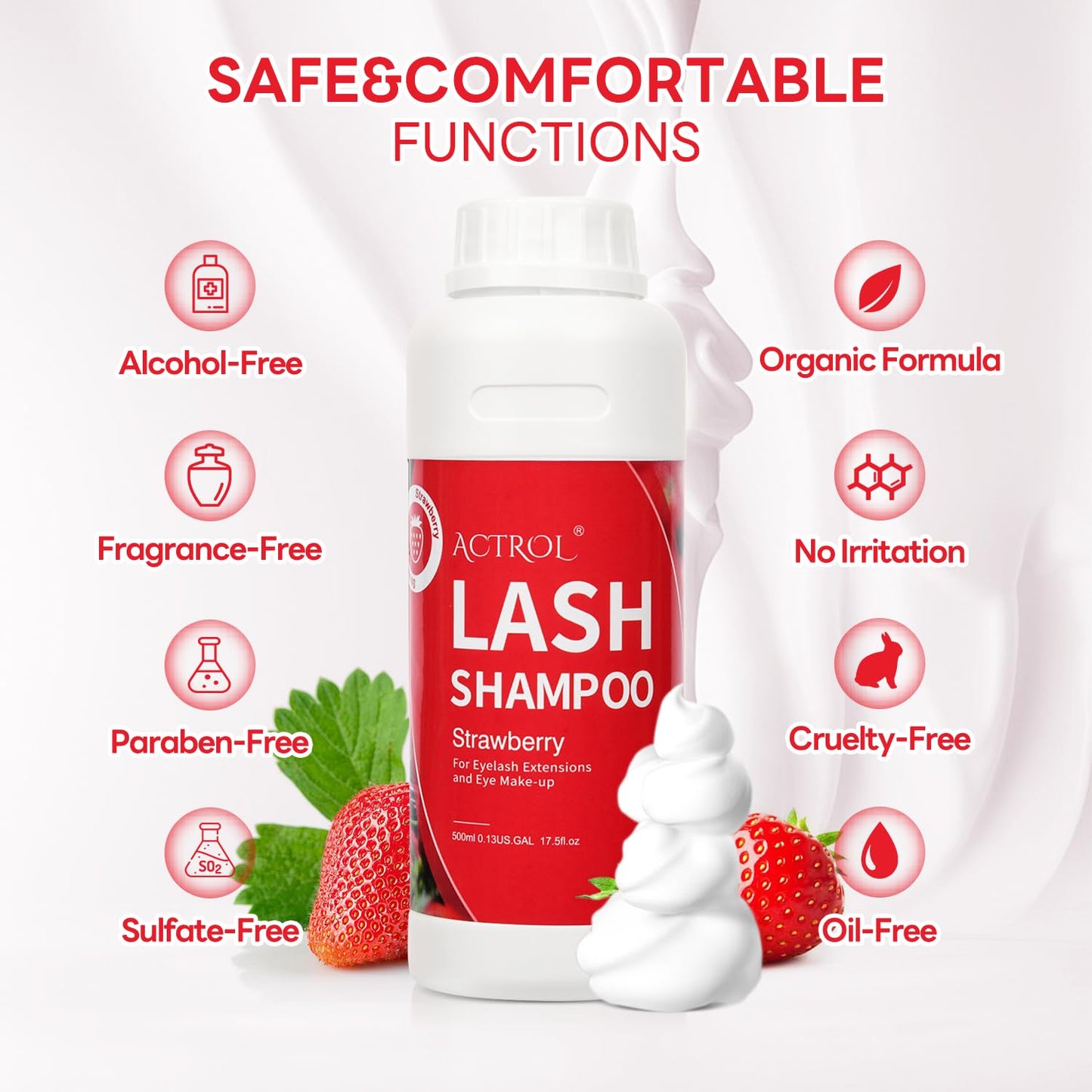ACTROL Eyelash Extension Cleanser 500ml Strawberry Natural Lash Extension Shampoo Professional Eyelid Foaming Cleanser Paraben & Sulfate Free Non-lrritating with Salon and Home Care
