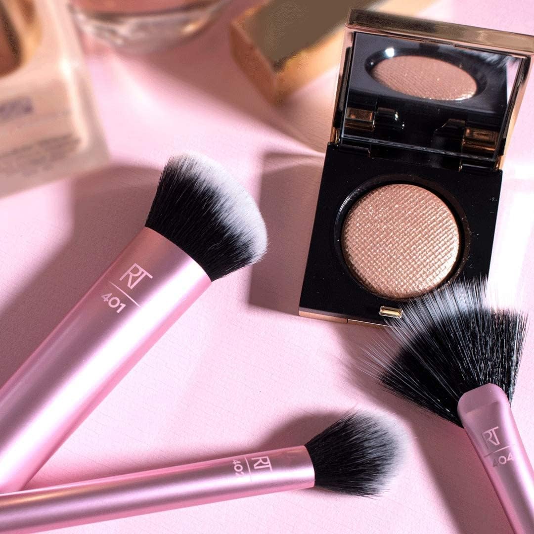 Real Techniques Cruelty Free Sculpting Set, Includes Fan or Setting Brush & Brush Cup, Synthetic Bristles, Pink, 4 Piece