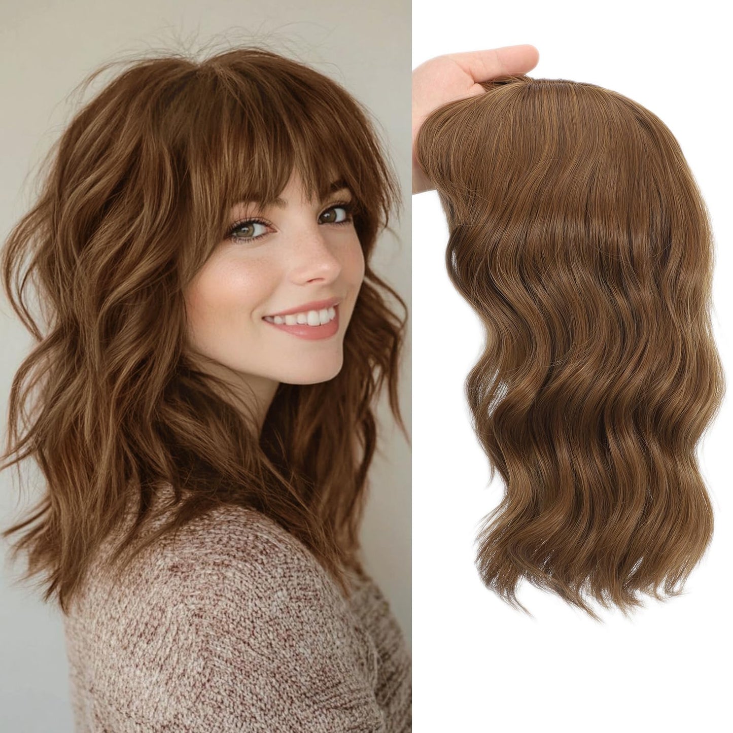 Hair Toppers for Women - 14 Inch 360° 3D Synthetic Curly Wavy Clip-In Bangs | Coffee Brown